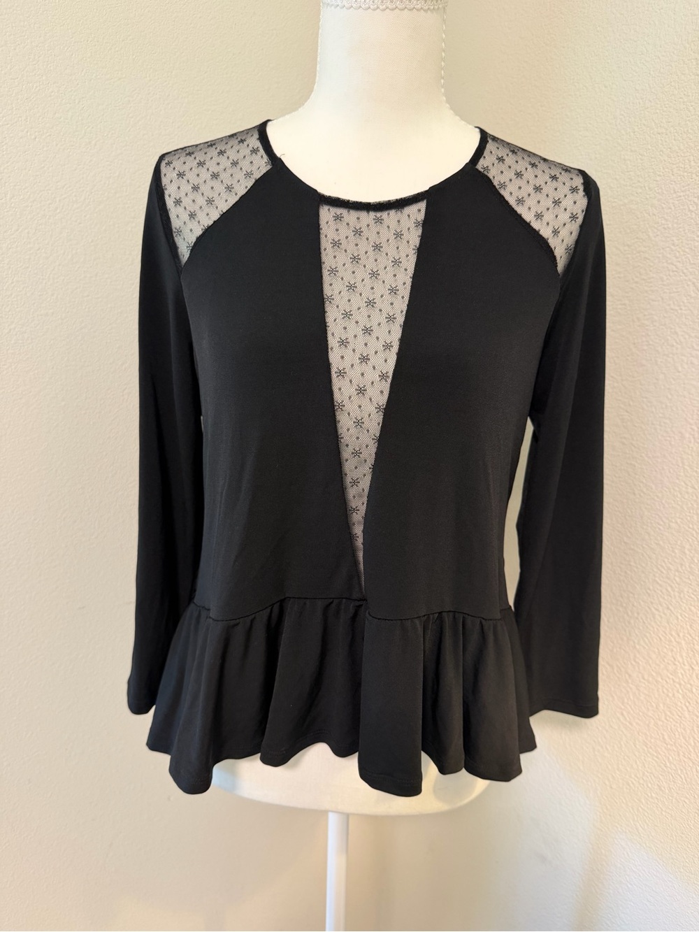 BCBGeneration Black Lace-Panel Peplum Long Sleeve Top Deep V Sexy Peek a Boo